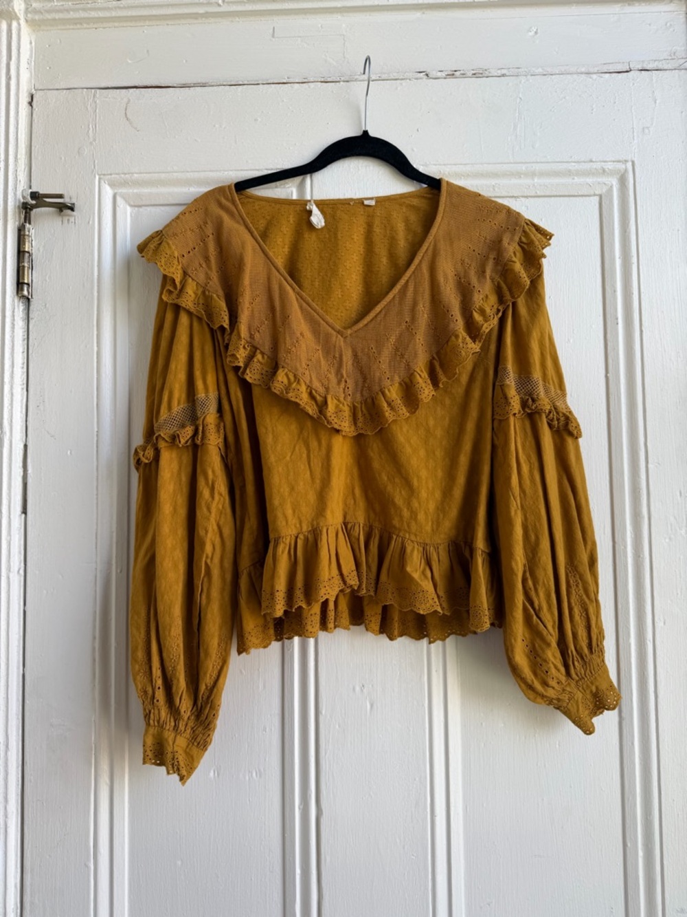 Anthropologie Ruffle V-Neck Long Sleeve Top - LG